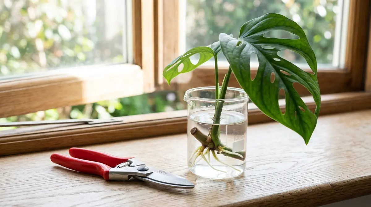 Two mini monstera cuttings rooting in water at different stages