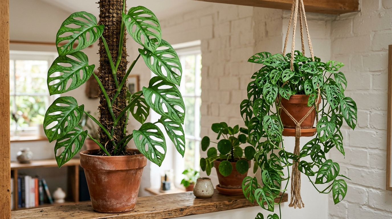 Monstera adansonii climbing a moss pole with large fenestrated leaves beside a trailing plant in a hanging basket