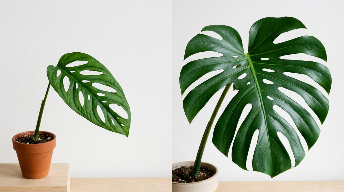 Side-by-side comparison of monstera adansonii's oval leaf perforations and monstera deliciosa's larger split leaves