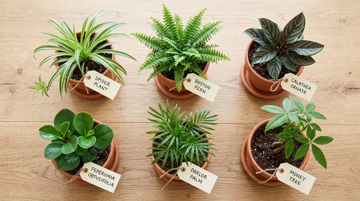 Flat-lay of six ASPCA-verified pet-safe houseplants labeled with name tags