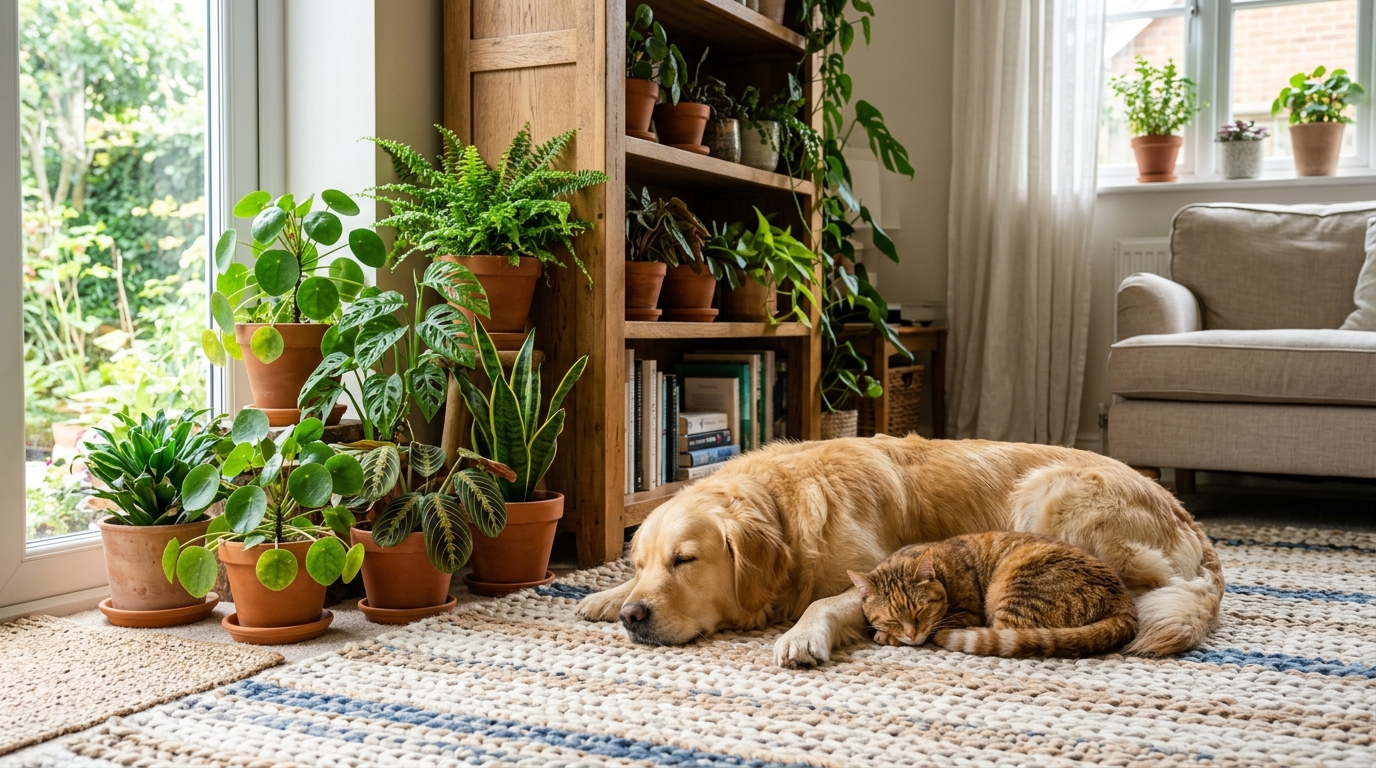 A dog and cat resting near a shelf of pet-safe houseplants
