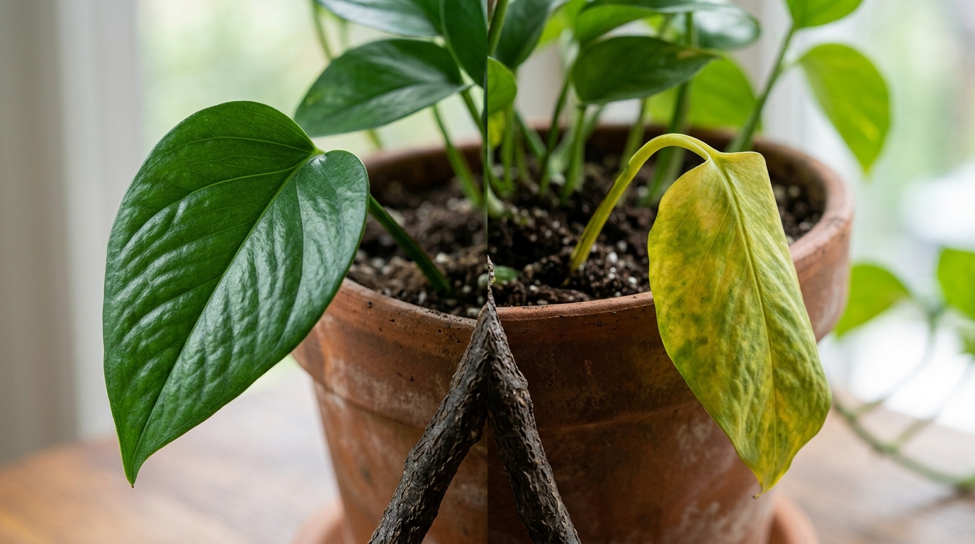 Comparison of a healthy pothos leaf and a yellowing overwatered pothos leaf