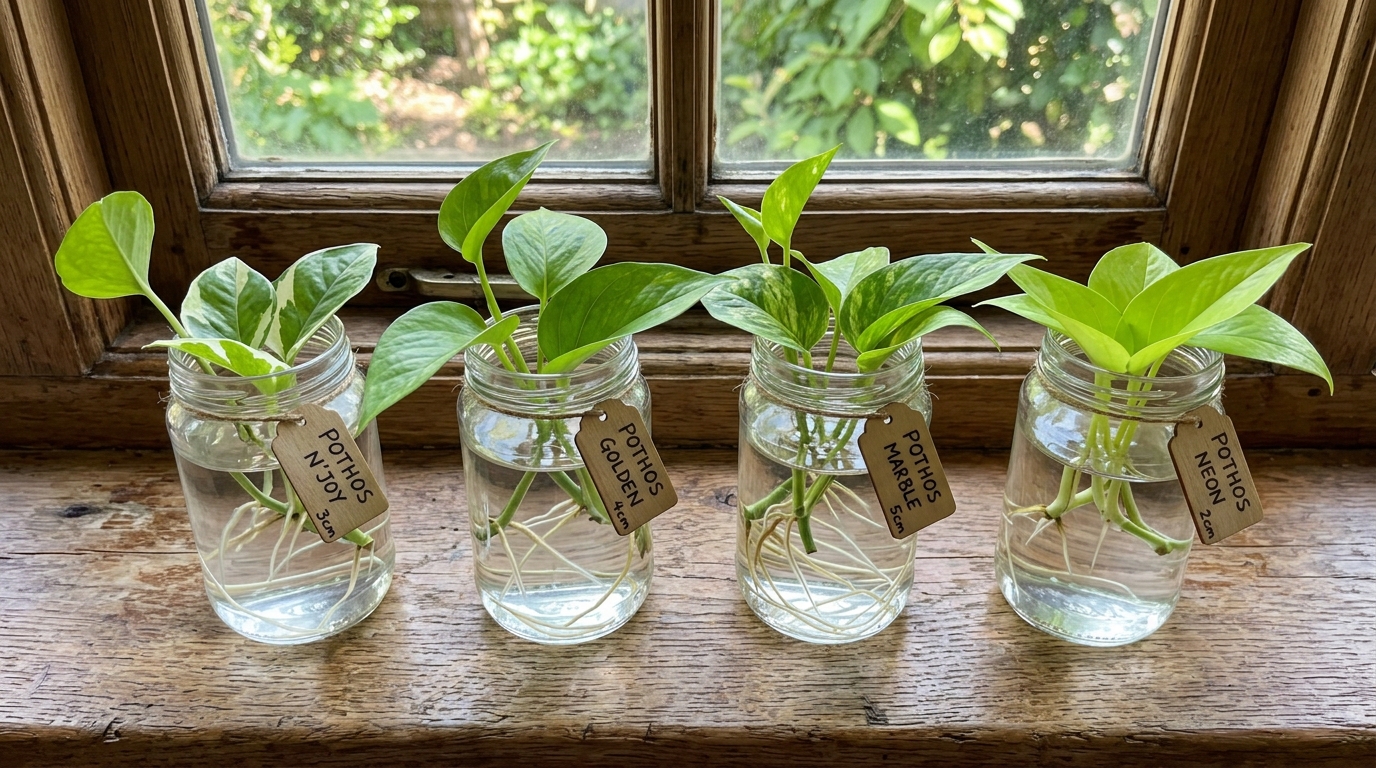 Four pothos cuttings rooting in glass jars of water on a windowsill