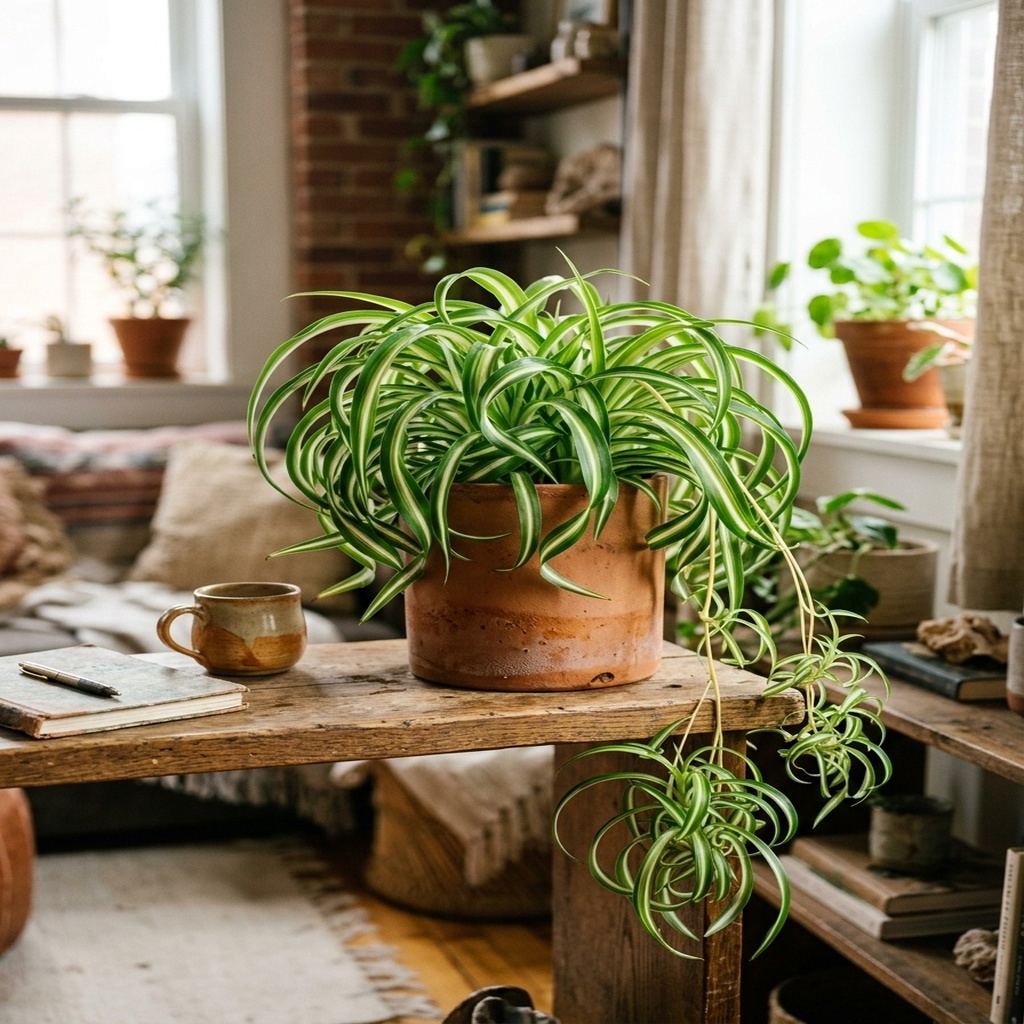 Chlorophytum Comosum "Bonnie" (Curly Spider Plant) - Whimsical curlicue ribbon leaves with cream variegation; 100% pet safe.