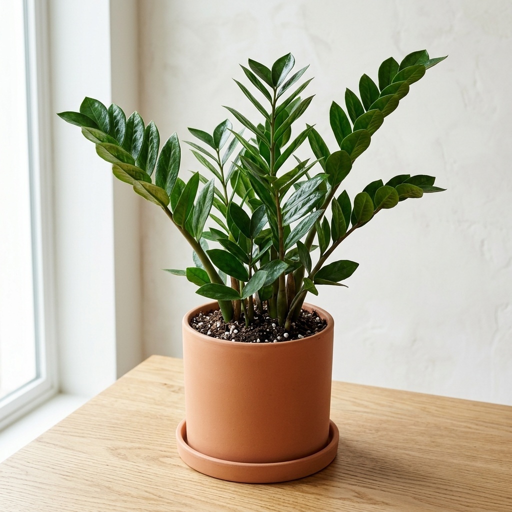 Zamioculcas Zamiifolia (ZZ Plant) - Ultra low-light tolerant with glossy, drought-resilient emerald stems.